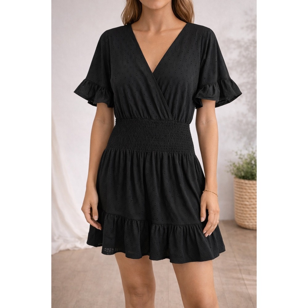 Michael Michael Kors Black Eyelet Smocked Waist Ruffle Mini Dress Small N666
